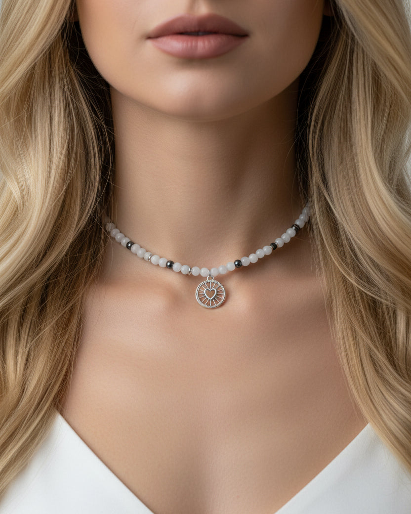 Aquamarine and Hematite Choker with Round Heart Pendant – Natural Gemstone Necklace