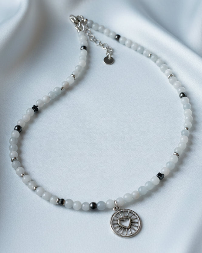 Aquamarine and Hematite Choker with Round Heart Pendant – Natural Gemstone Necklace