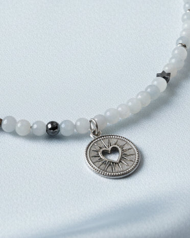 Aquamarine and Hematite Choker with Round Heart Pendant – Natural Gemstone Necklace