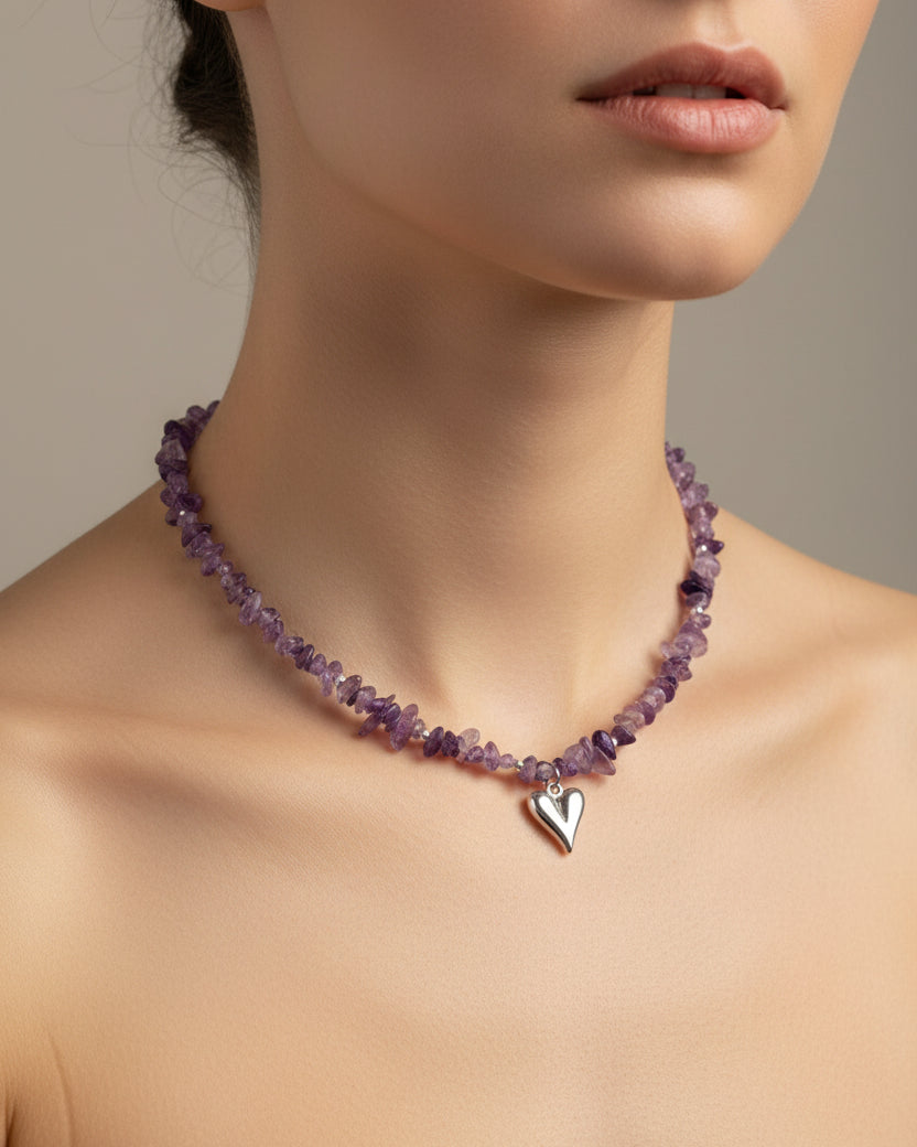Amethyst Choker with Irregular Stones and Silver Heart Pendant – Natural Gemstone Necklace
