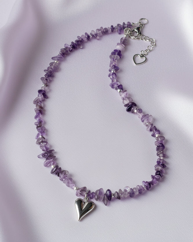 Amethyst Choker with Irregular Stones and Silver Heart Pendant – Natural Gemstone Necklace