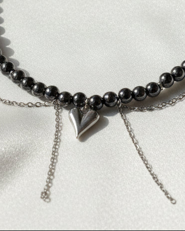 Black Hematite Choker with Asymmetrical Chains and Heart Pendant – Modern Statement Necklace