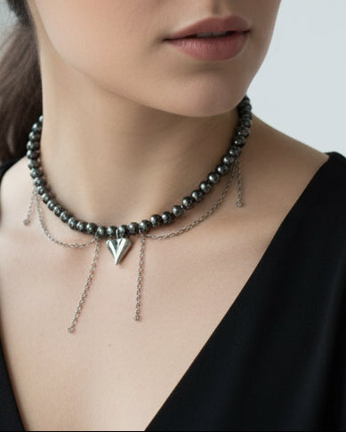 Black Hematite Choker with Asymmetrical Chains and Heart Pendant – Modern Statement Necklace