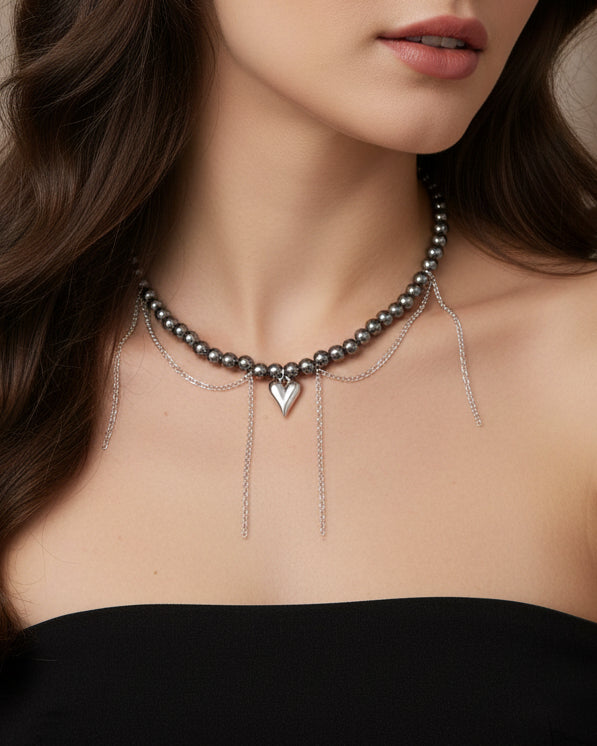 Black Hematite Choker with Asymmetrical Chains and Heart Pendant – Modern Statement Necklace