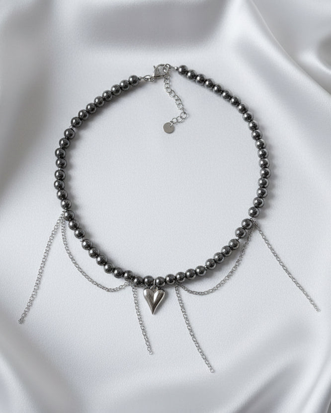 Black Hematite Choker with Asymmetrical Chains and Heart Pendant – Modern Statement Necklace