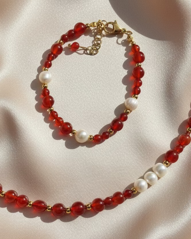 Signature Handmade Carnelian & Pearl Jewelry Set – Choker & Bracelet