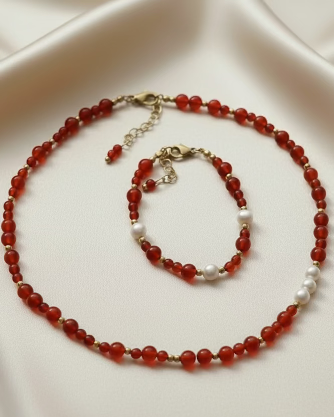 Signature Handmade Carnelian & Pearl Jewelry Set – Choker & Bracelet