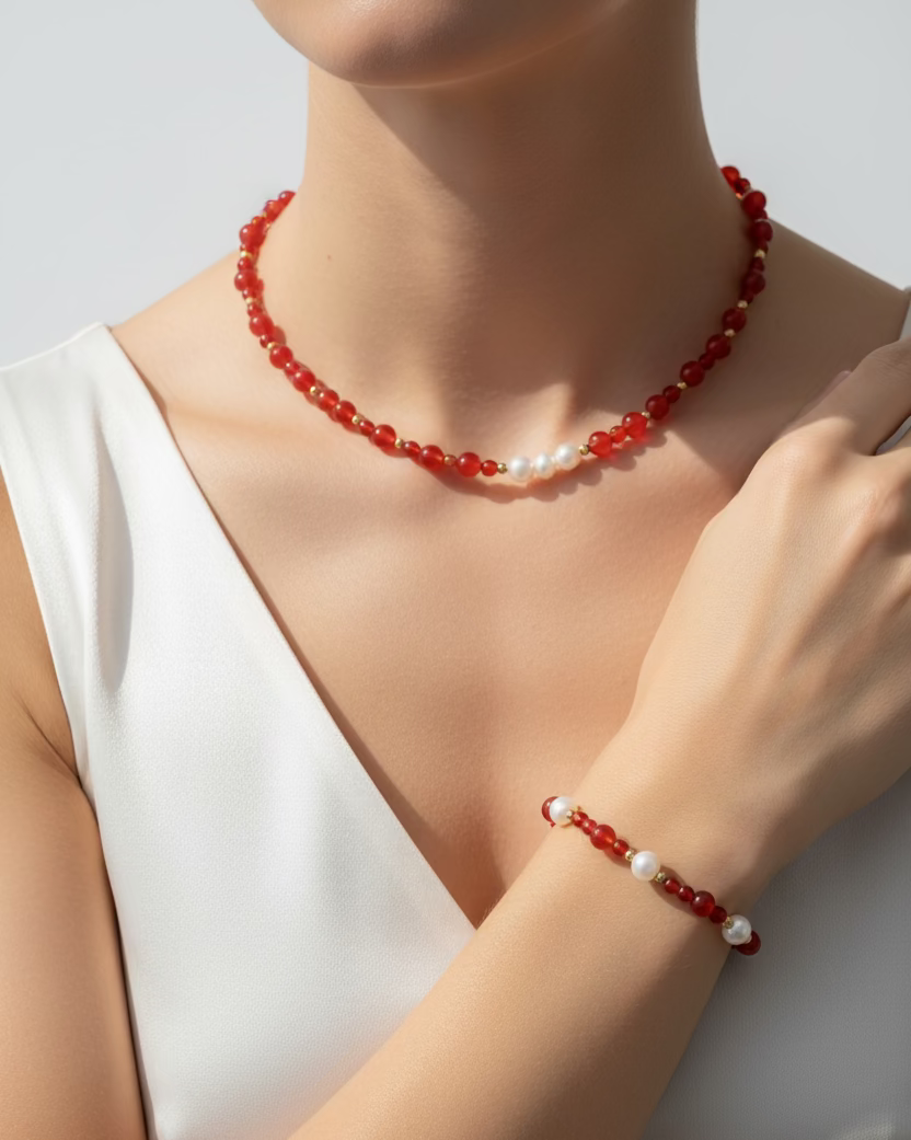 Signature Handmade Carnelian & Pearl Jewelry Set – Choker & Bracelet