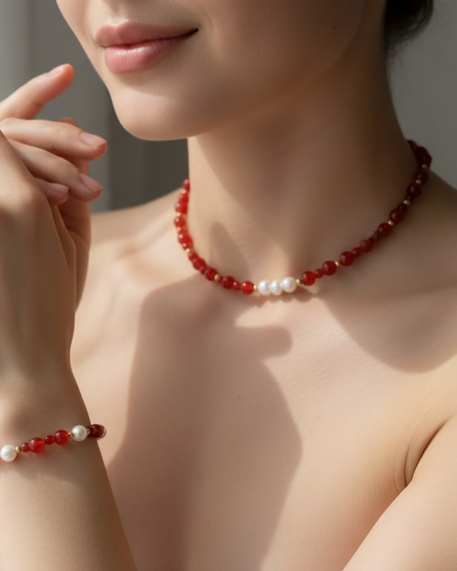Signature Handmade Carnelian & Pearl Jewelry Set – Choker & Bracelet