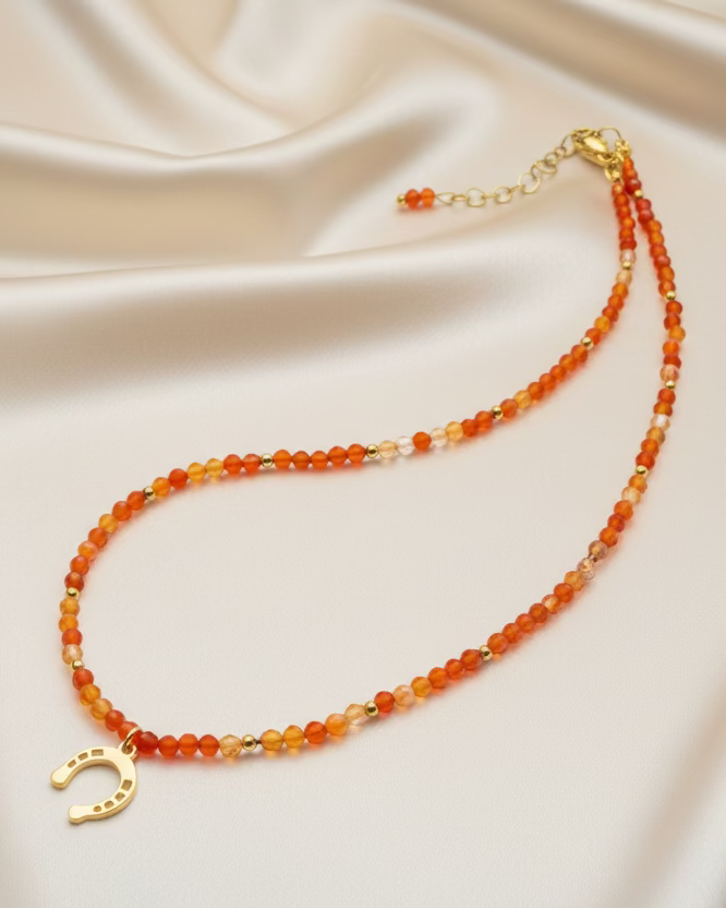 Fire Agate Choker Necklace with Gold Chain – Handmade Statement Jewelry