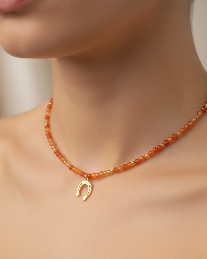 Fire Agate Choker Necklace with Gold Chain – Handmade Statement Jewelry