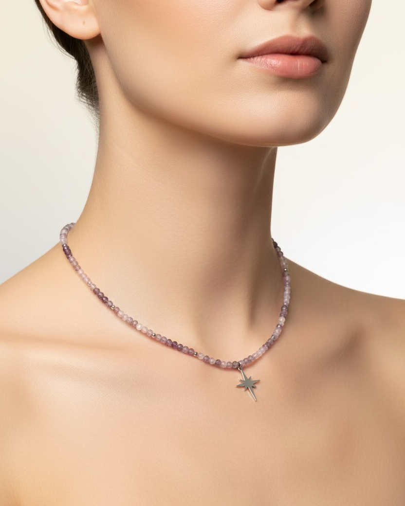 Faceted Amethyst Choker Necklace with Silver-Tone Stainless Steel Star Pendant – Handmade Gemstone Jewelry