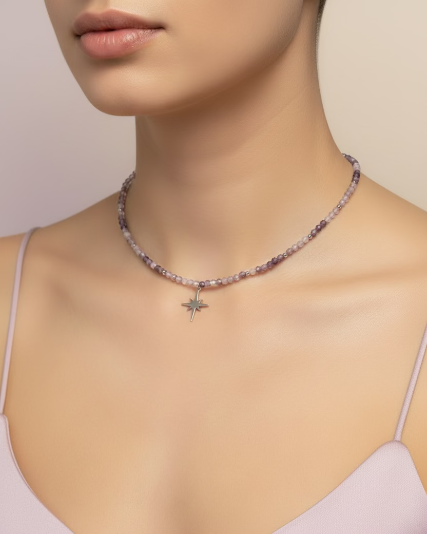 Faceted Amethyst Choker Necklace with Silver-Tone Stainless Steel Star Pendant – Handmade Gemstone Jewelry