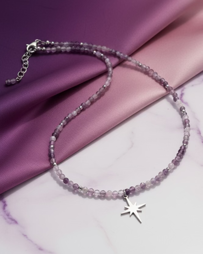 Faceted Amethyst Choker Necklace with Silver-Tone Stainless Steel Star Pendant – Handmade Gemstone Jewelry