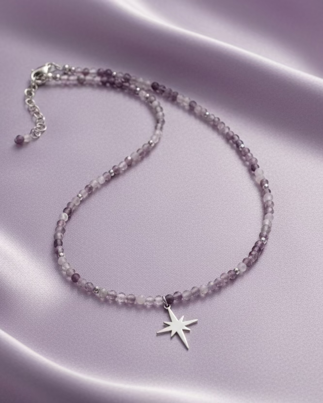 Faceted Amethyst Choker Necklace with Silver-Tone Stainless Steel Star Pendant – Handmade Gemstone Jewelry
