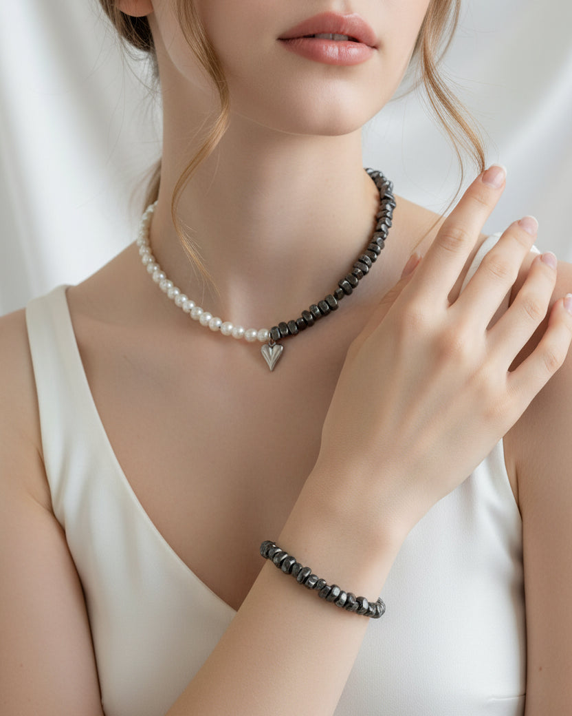 Black Hematite and Pearl Choker and Bracelet Set with Silver Heart Pendant – Modern Elegant Jewelry