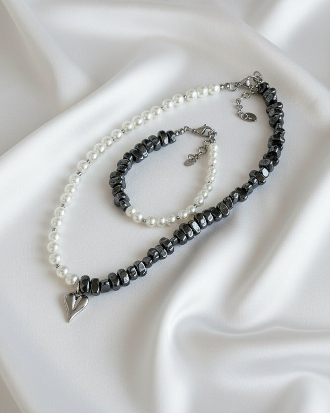 Black Hematite and Pearl Choker and Bracelet Set with Silver Heart Pendant – Modern Elegant Jewelry