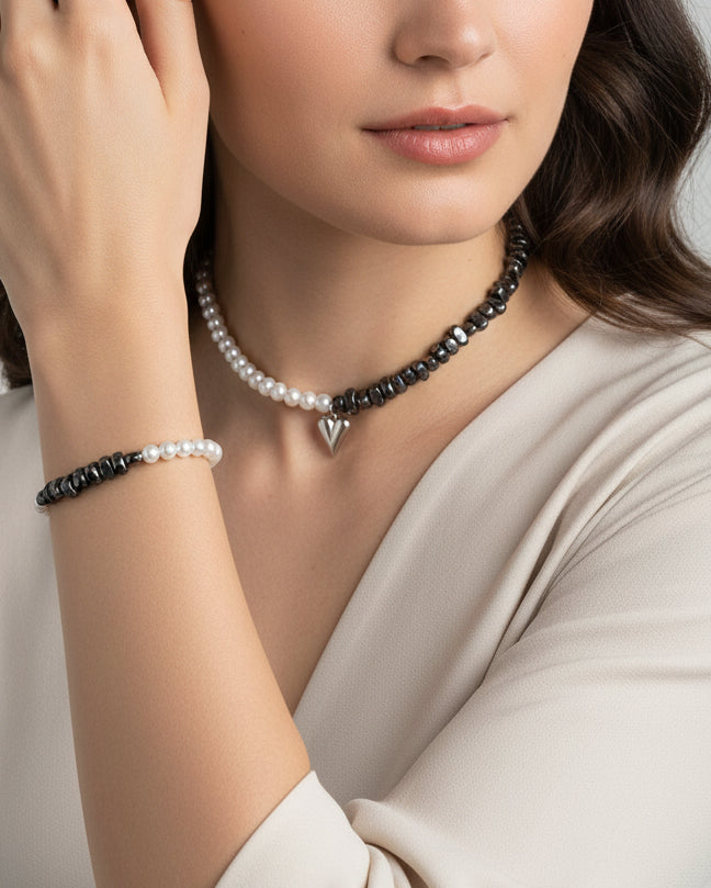 Black Hematite and Pearl Choker and Bracelet Set with Silver Heart Pendant – Modern Elegant Jewelry