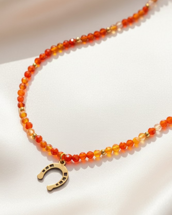 Fire Agate Choker Necklace with Gold Chain – Handmade Statement Jewelry