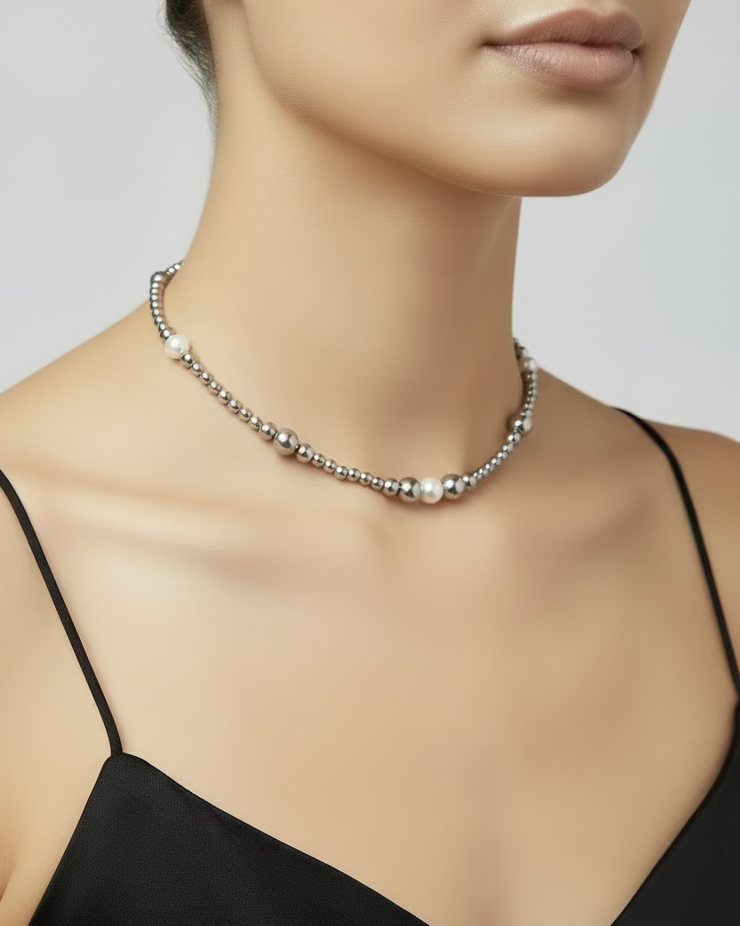 Hematite & Cultured Pearl Choker | Minimalist Pearl Necklace