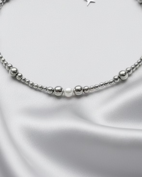 Hematite & Cultured Pearl Choker | Minimalist Pearl Necklace