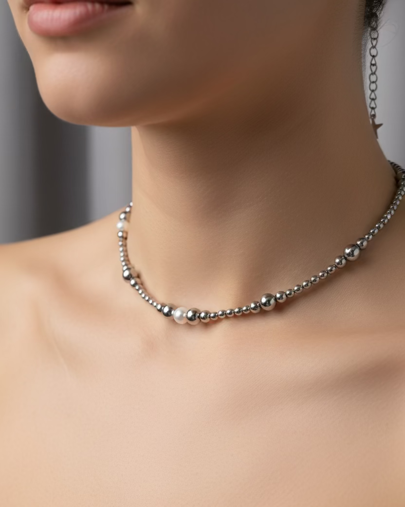 Hematite & Cultured Pearl Choker | Minimalist Pearl Necklace