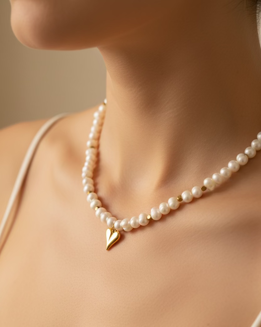 Natural Pearl Choker Necklace with Gold Heart – Handmade Minimal Jewelry
