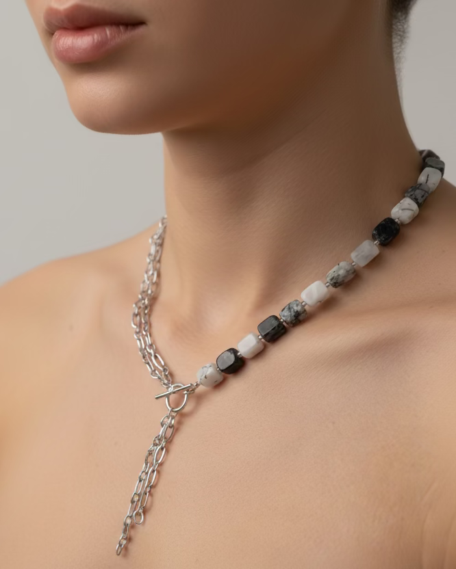 Tourmalinated Quartz Choker Necklace with Chain – Handmade Statement Jewelry