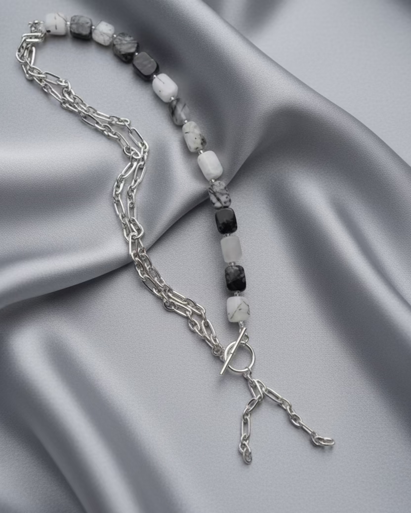 Tourmalinated Quartz Choker Necklace with Chain – Handmade Statement Jewelry
