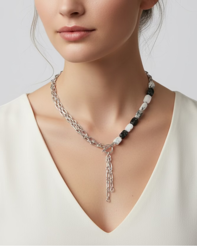 Tourmalinated Quartz Choker Necklace with Chain – Handmade Statement Jewelry