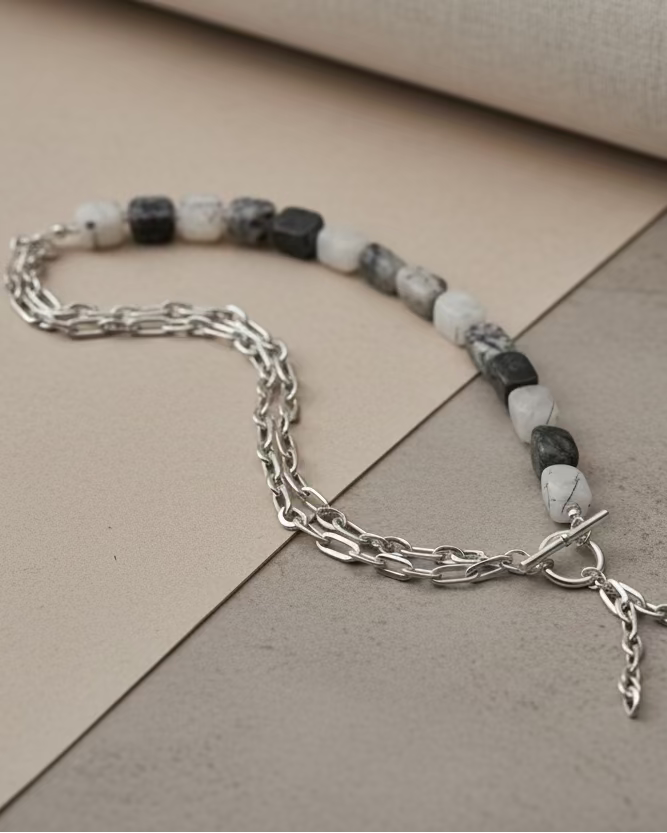 Tourmalinated Quartz Choker Necklace with Chain – Handmade Statement Jewelry