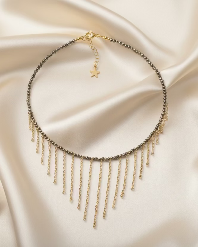 Handmade Faceted Pyrite Choker with Gold Chains | Statement Jewelry