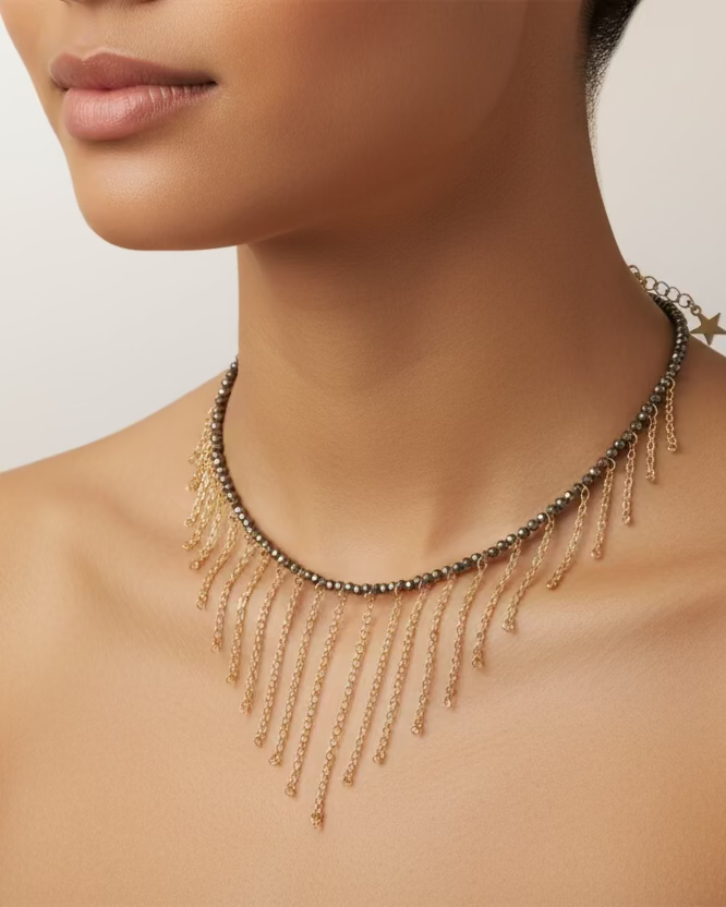 Handmade Faceted Pyrite Choker with Gold Chains | Statement Jewelry