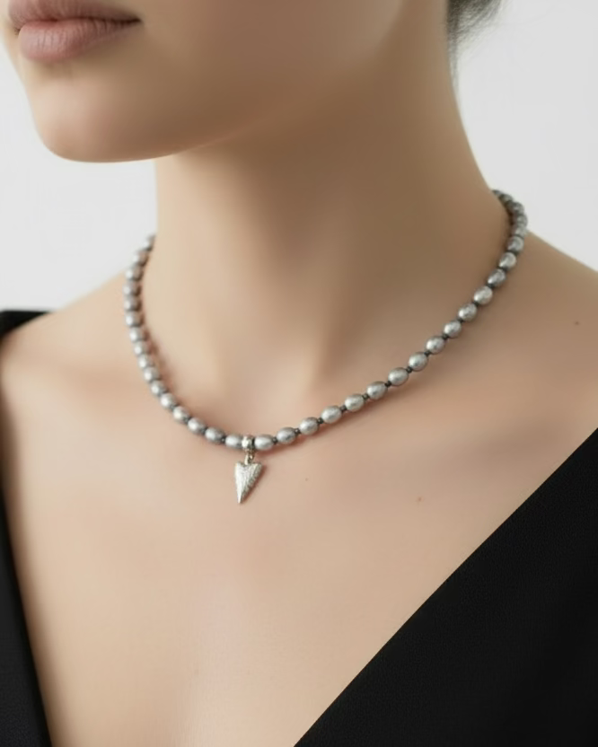 Minimalist Gray Pearl and Sapphire Choker with Broken Heart Pendant