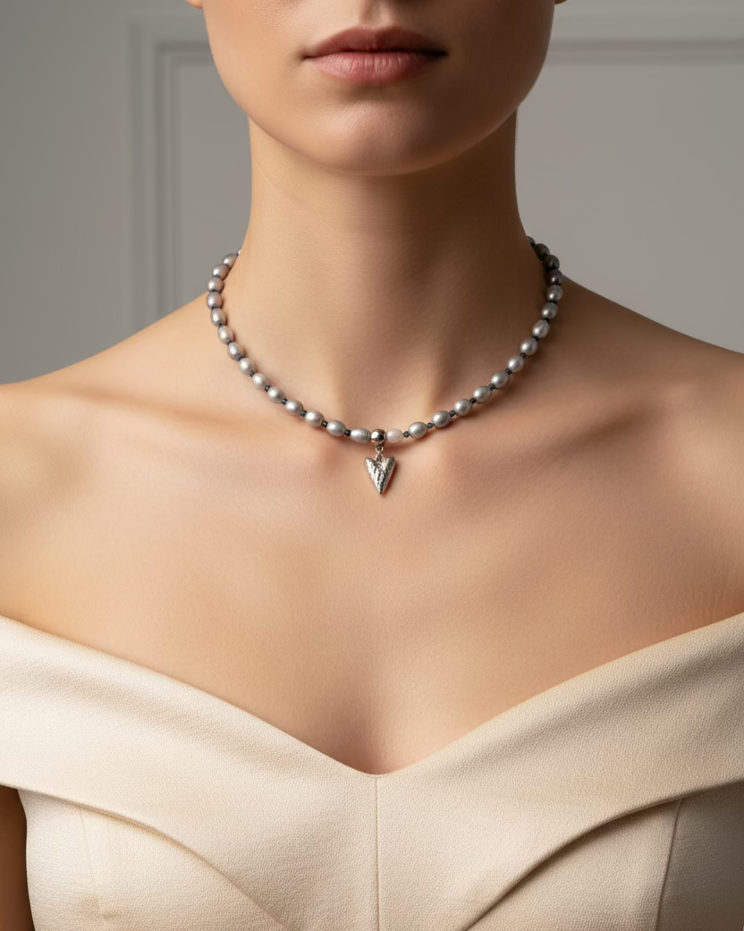 Minimalist Gray Pearl and Sapphire Choker with Broken Heart Pendant