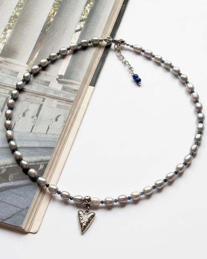 Minimalist Gray Pearl and Sapphire Choker with Broken Heart Pendant