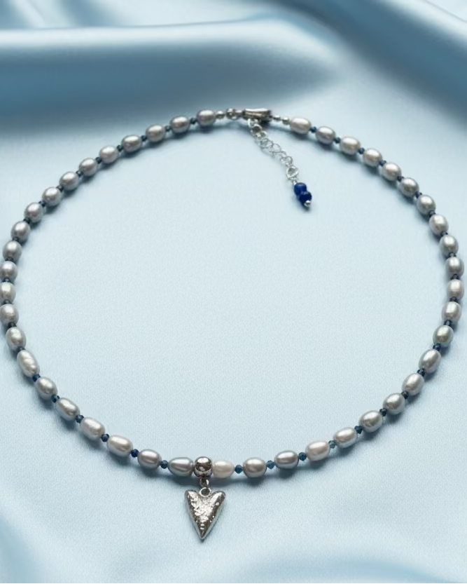Minimalist Gray Pearl and Sapphire Choker with Broken Heart Pendant