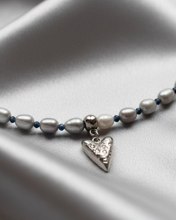 Minimalist Gray Pearl and Sapphire Choker with Broken Heart Pendant