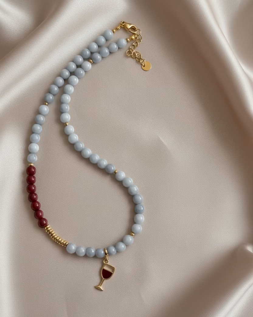 Aquamarine & Jade Beaded Choker with Wine Glass Charm