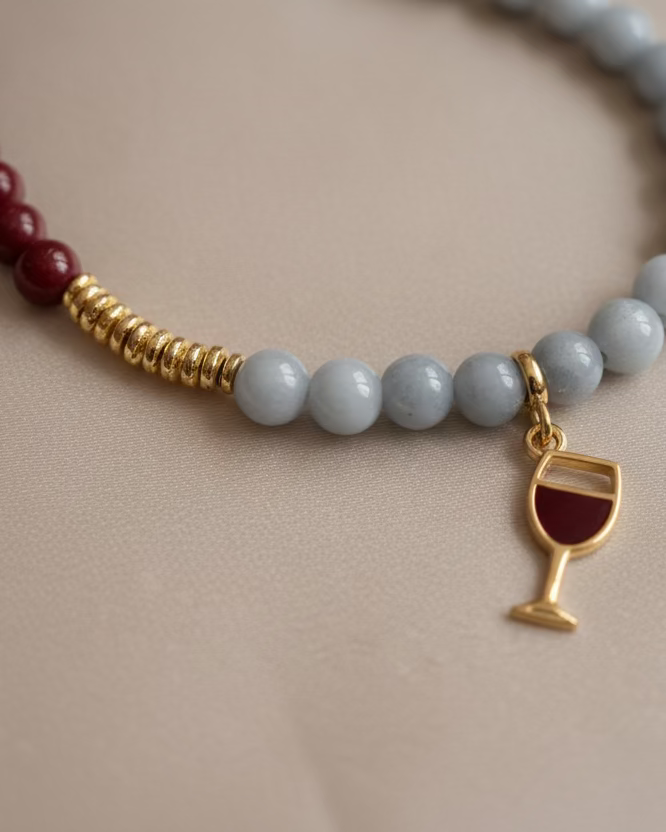 Aquamarine & Jade Beaded Choker with Wine Glass Charm