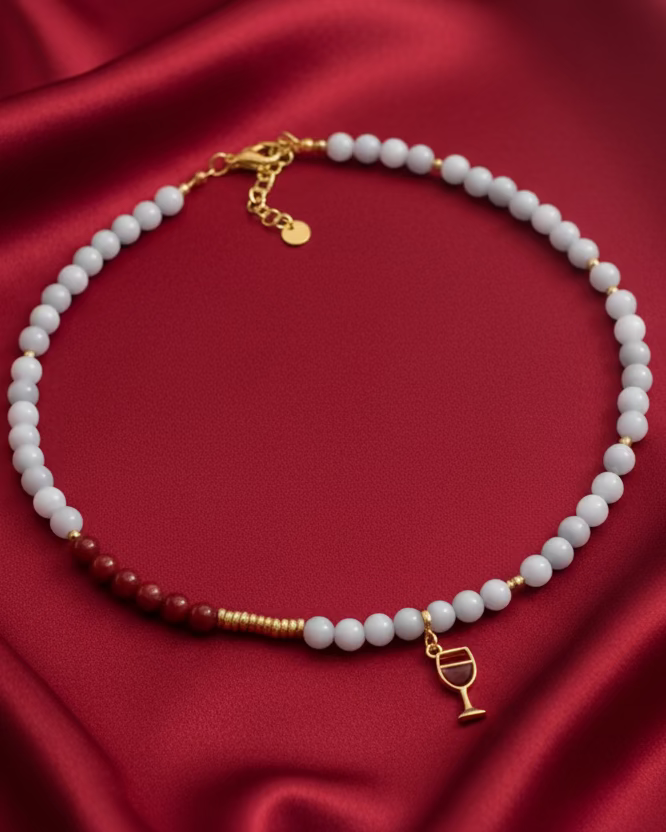 Aquamarine & Jade Beaded Choker with Wine Glass Charm
