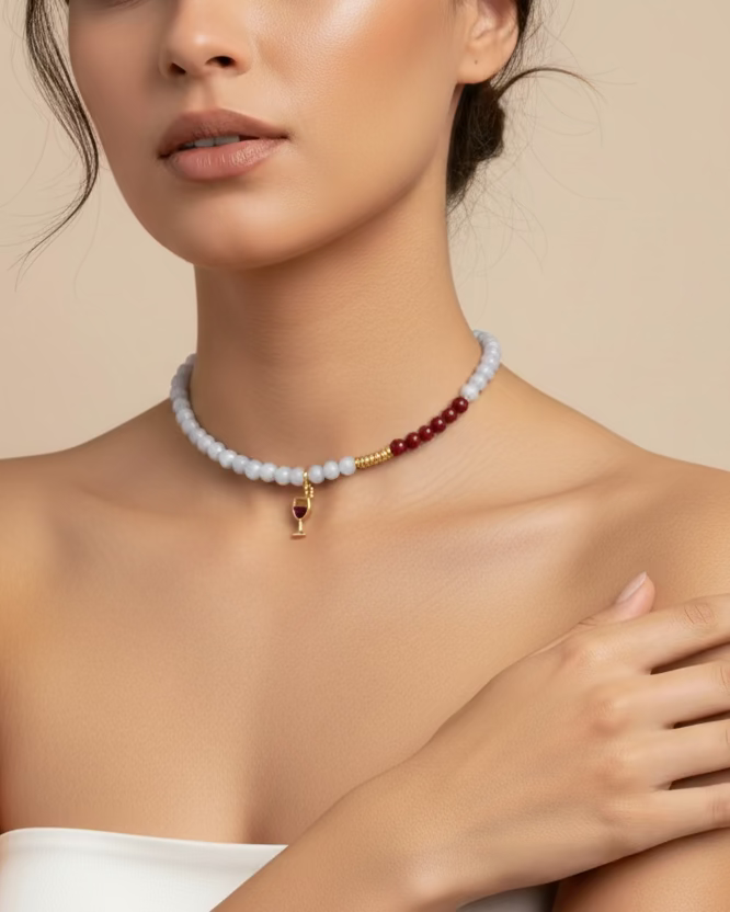 Aquamarine & Jade Beaded Choker with Wine Glass Charm