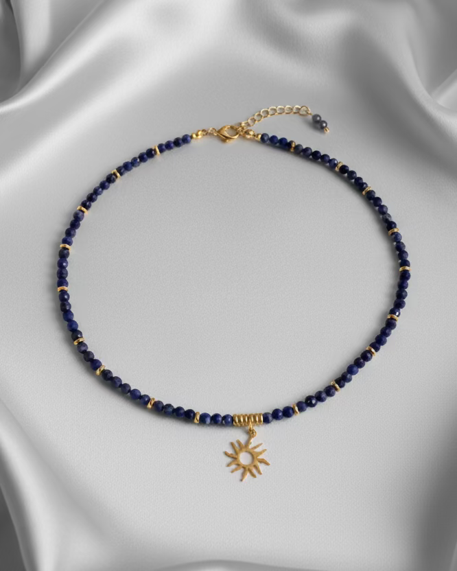 Handmade Blue Chalcedony Choker Necklace | Gold Sun Pendant