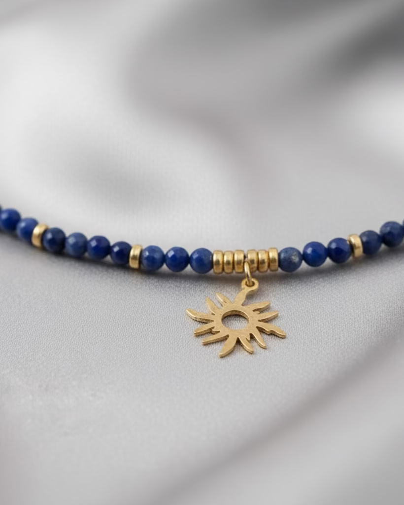 Handmade Blue Chalcedony Choker Necklace | Gold Sun Pendant