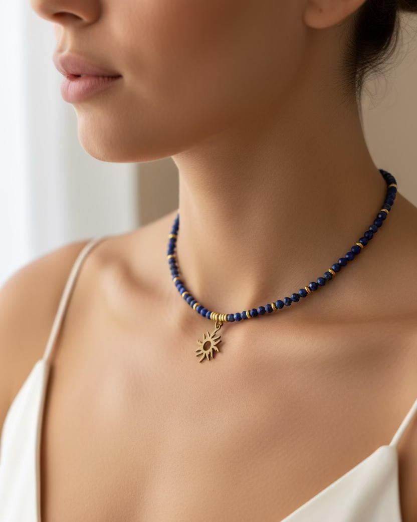 Handmade Blue Chalcedony Choker Necklace | Gold Sun Pendant