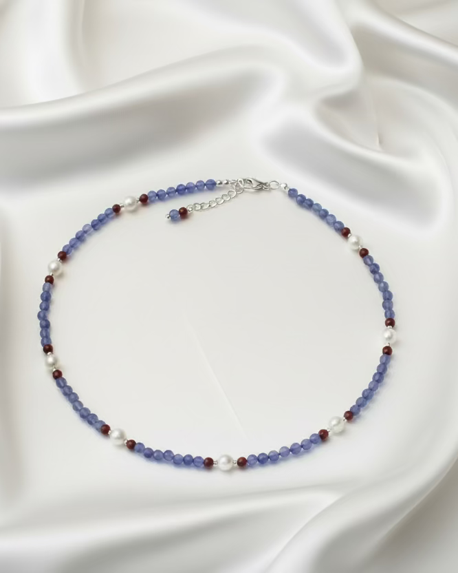 Handmade Blue Aventurine Choker | Garnet & Cultured Pearl Necklace