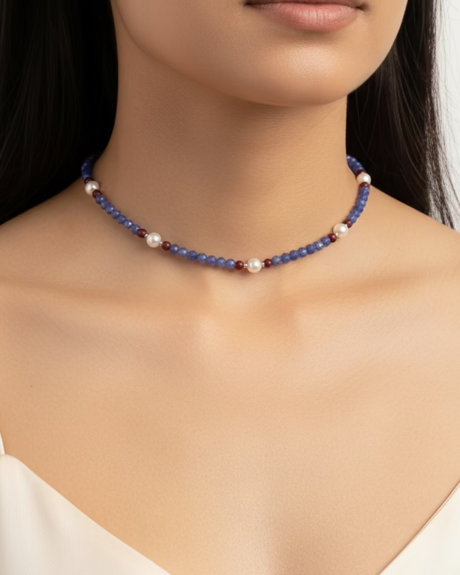 Handmade Blue Aventurine Choker | Garnet & Cultured Pearl Necklace