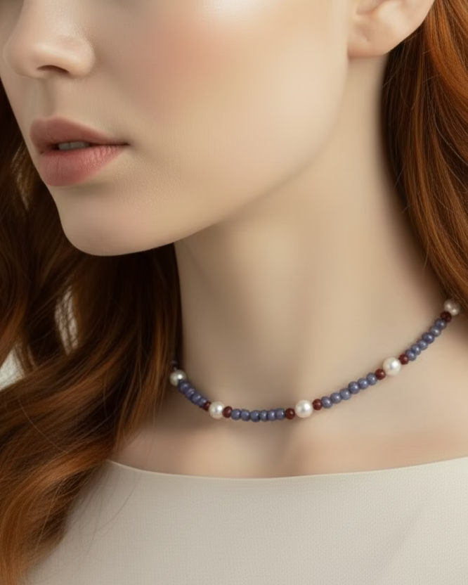 Handmade Blue Aventurine Choker | Garnet & Cultured Pearl Necklace