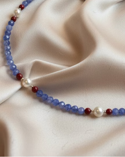 Handmade Blue Aventurine Choker | Garnet & Cultured Pearl Necklace