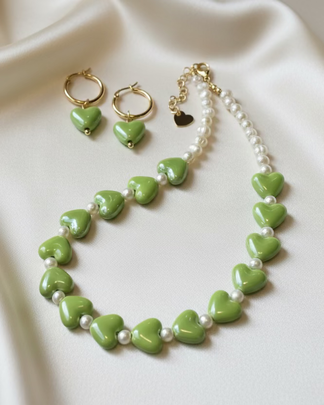 Ceramic Heart Choker and Earrings with Natural Pearl
